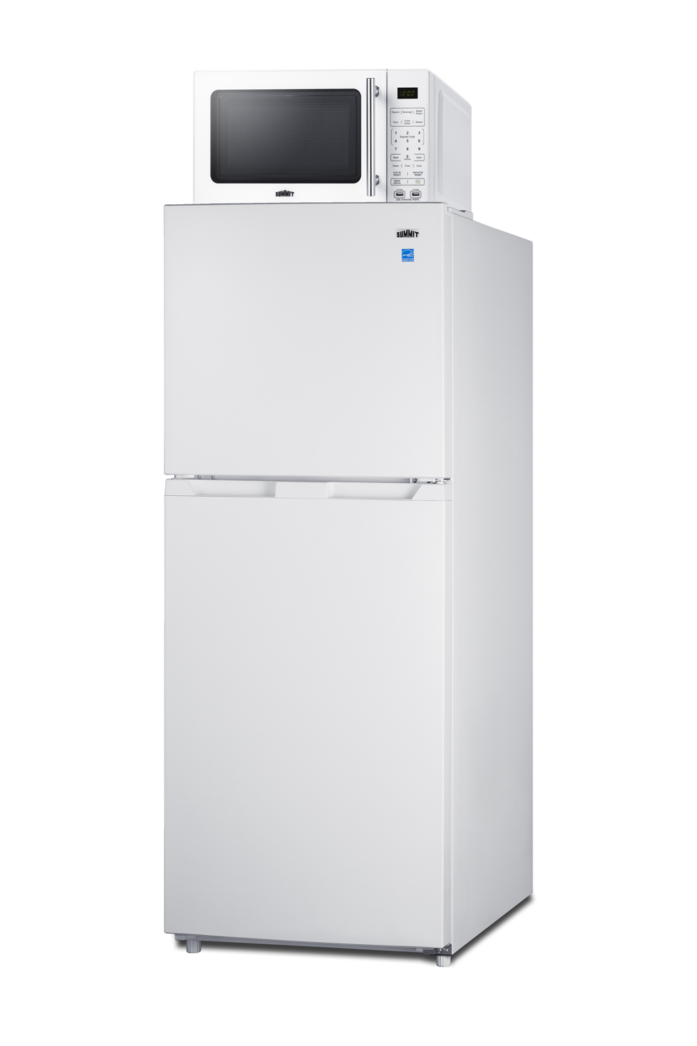 Frost-free 10.1 cu.ft. refrigerator-freezer and compact microwave in white with allocator and USB ports for 1-plug operation; ships fully assembled